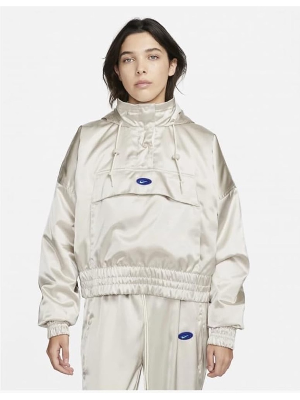Nike Satin Hooded Bomber Jacket in Pearl Cream